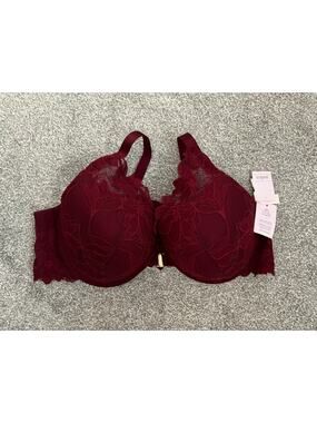 Auden Lace Push-Up Plunge Bra Front Closure Floral Berry Red Underwire 44D